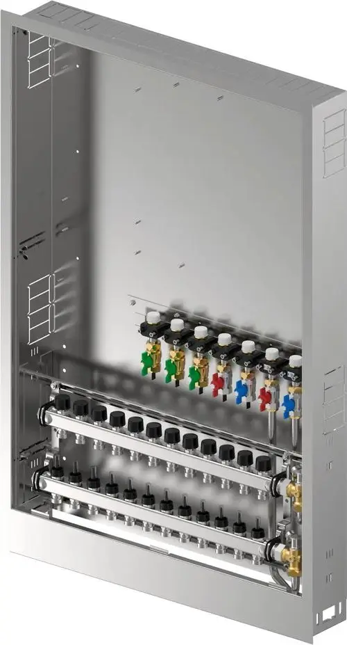 Verteilerkasten von Uponor mit mehreren Ventilen und Rohranschlüssen, montiert in einem Metallgehäuse. Sichtbare Verrohrung und Steuerungselemente im Inneren.